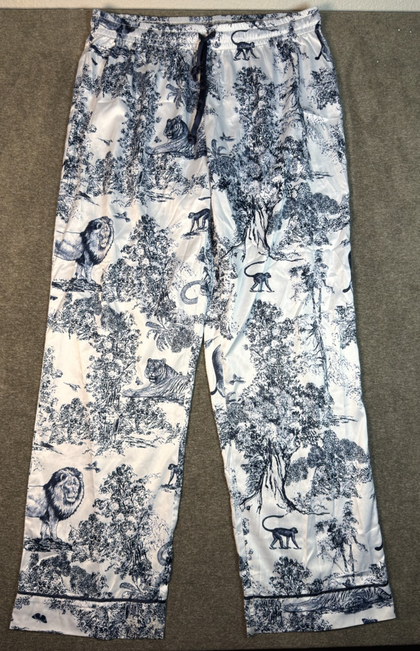 Ellandemm Satin Pajama Pants L Navy Blue White Toile Animal Print Monkeys Jungle